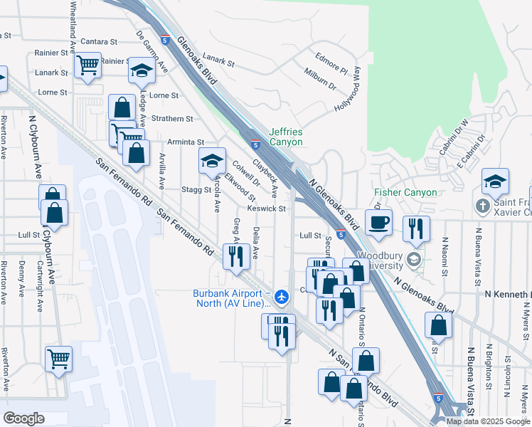 map of restaurants, bars, coffee shops, grocery stores, and more near 10036 Keswick Street in Los Angeles