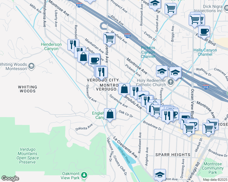 map of restaurants, bars, coffee shops, grocery stores, and more near 2716 Honolulu Avenue in Glendale
