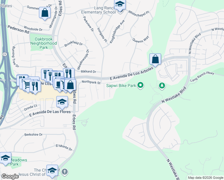map of restaurants, bars, coffee shops, grocery stores, and more near 2202 Aspenpark Court in Thousand Oaks