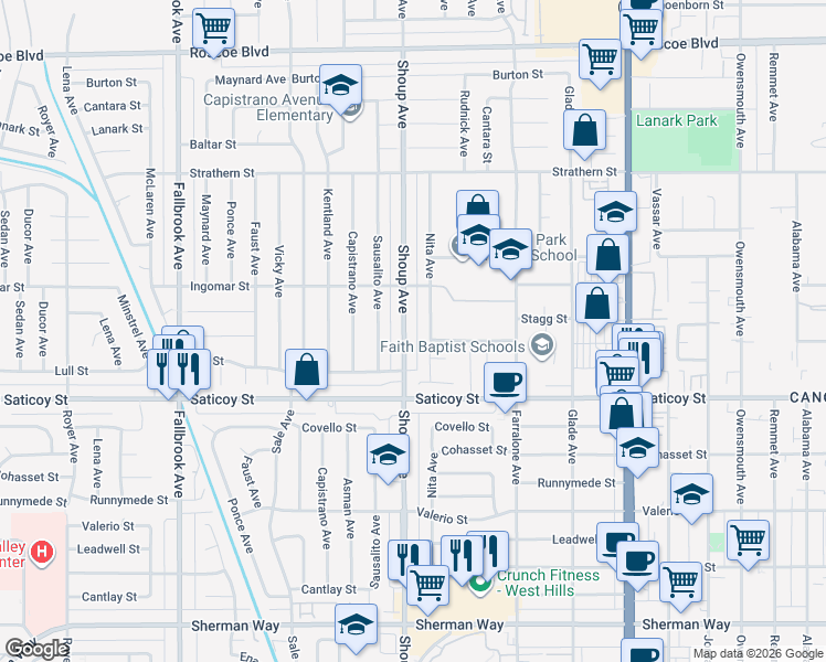 map of restaurants, bars, coffee shops, grocery stores, and more near 7710 Shoup Avenue in Los Angeles