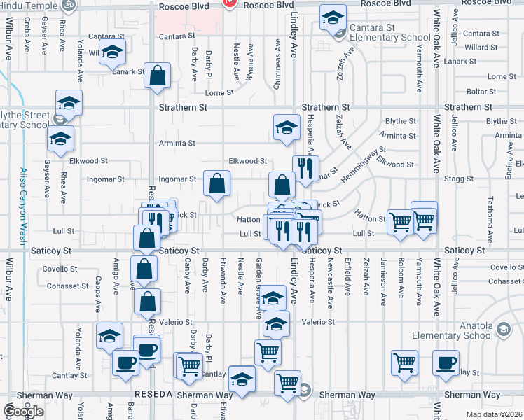 map of restaurants, bars, coffee shops, grocery stores, and more near 18154 Keswick Street in Los Angeles