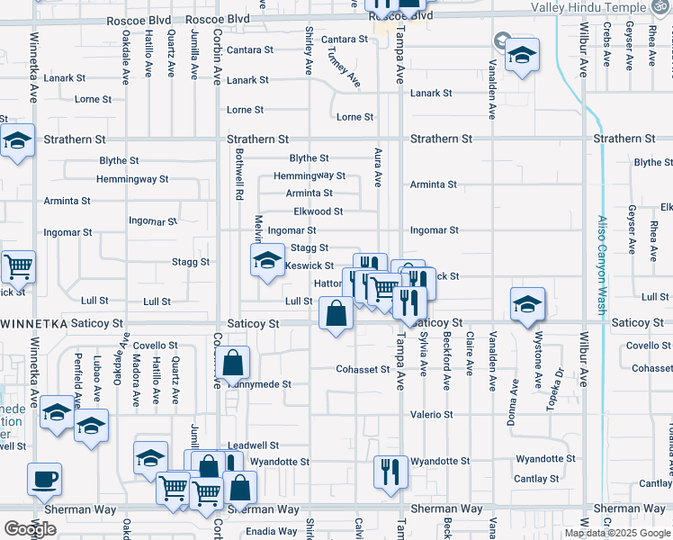 map of restaurants, bars, coffee shops, grocery stores, and more near 19432 Keswick Street in Los Angeles