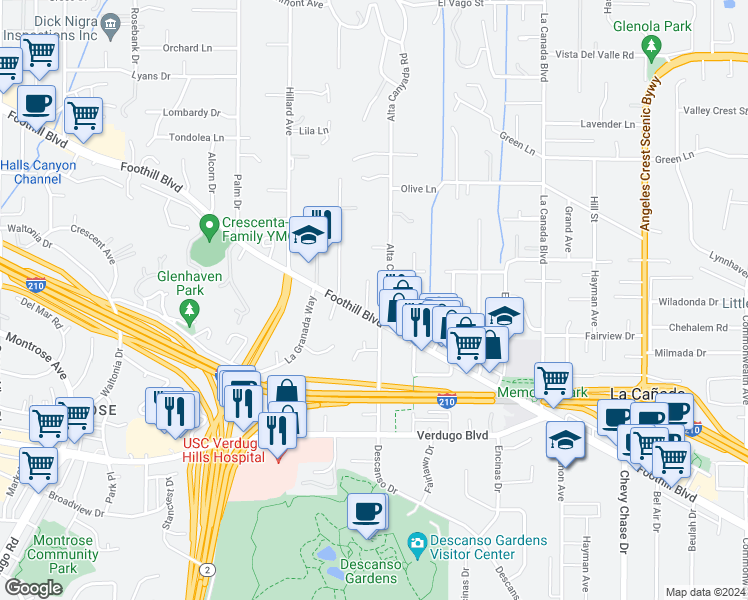map of restaurants, bars, coffee shops, grocery stores, and more near 4514 Cypress Drive in La Cañada Flintridge