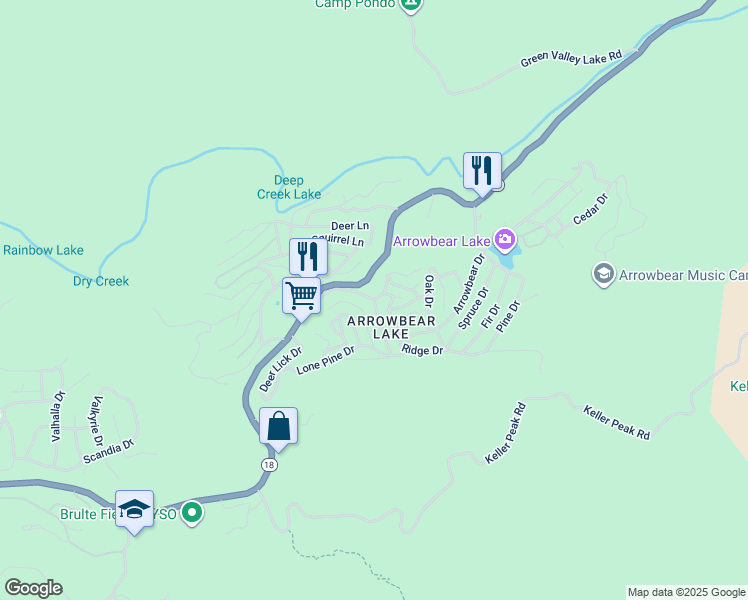 map of restaurants, bars, coffee shops, grocery stores, and more near Arrowbear Drive in San Bernardino County