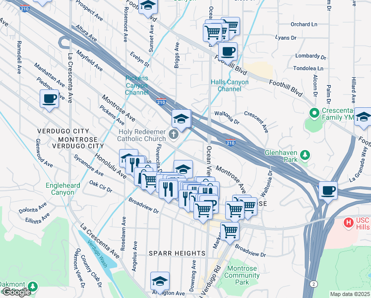 map of restaurants, bars, coffee shops, grocery stores, and more near 2351 Montrose Avenue in La Crescenta-Montrose