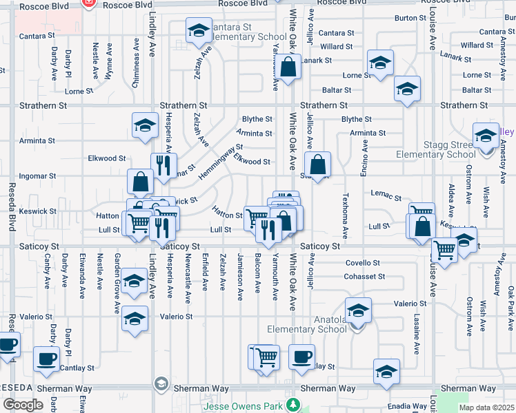map of restaurants, bars, coffee shops, grocery stores, and more near 7715 Balcom Avenue in Los Angeles