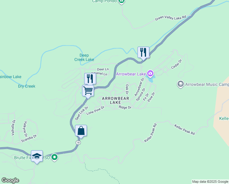 map of restaurants, bars, coffee shops, grocery stores, and more near 2374 Ridge Drive in Running Springs