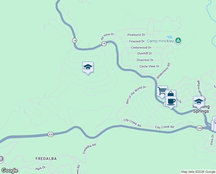 map of restaurants, bars, coffee shops, grocery stores, and more near 31115 All View Drive in Running Springs