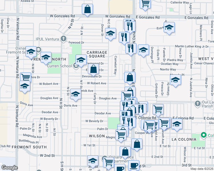 map of restaurants, bars, coffee shops, grocery stores, and more near 404 West Robert Avenue in Oxnard