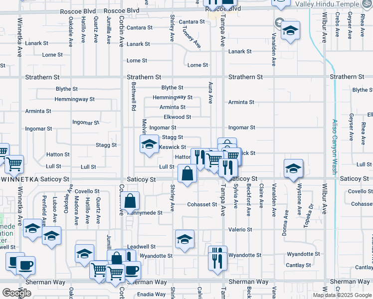 map of restaurants, bars, coffee shops, grocery stores, and more near 19434 Keswick Street in Los Angeles