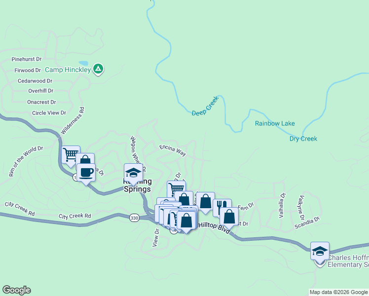 map of restaurants, bars, coffee shops, grocery stores, and more near 2386 Palo Alto Way in Running Springs