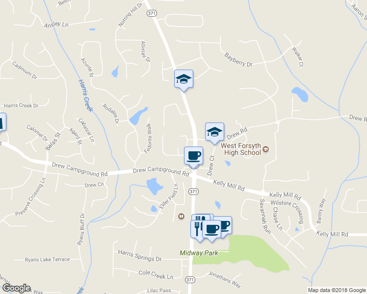 map of restaurants, bars, coffee shops, grocery stores, and more near 4930 Carriage Bridge Lane in Cumming
