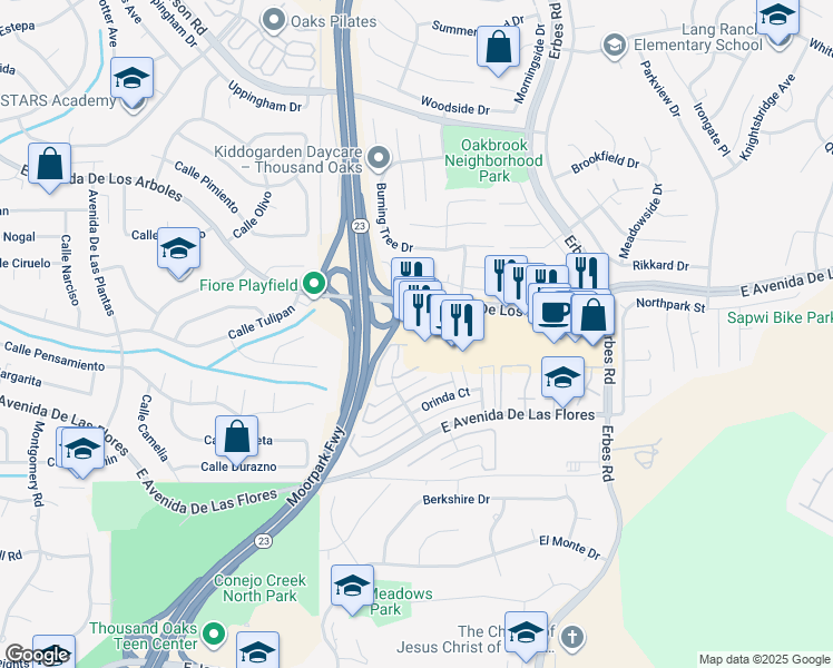 map of restaurants, bars, coffee shops, grocery stores, and more near 1736 East Avenida De Los Arboles in Thousand Oaks