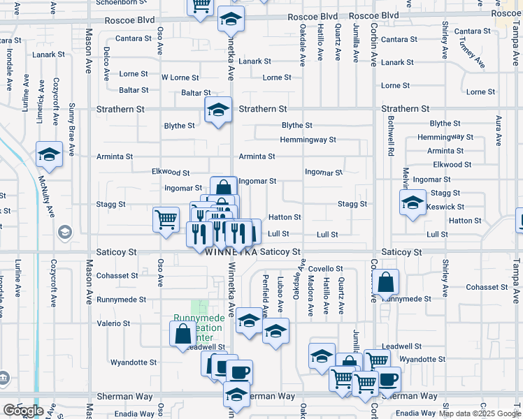 map of restaurants, bars, coffee shops, grocery stores, and more near 7669 Penfield Avenue in Los Angeles