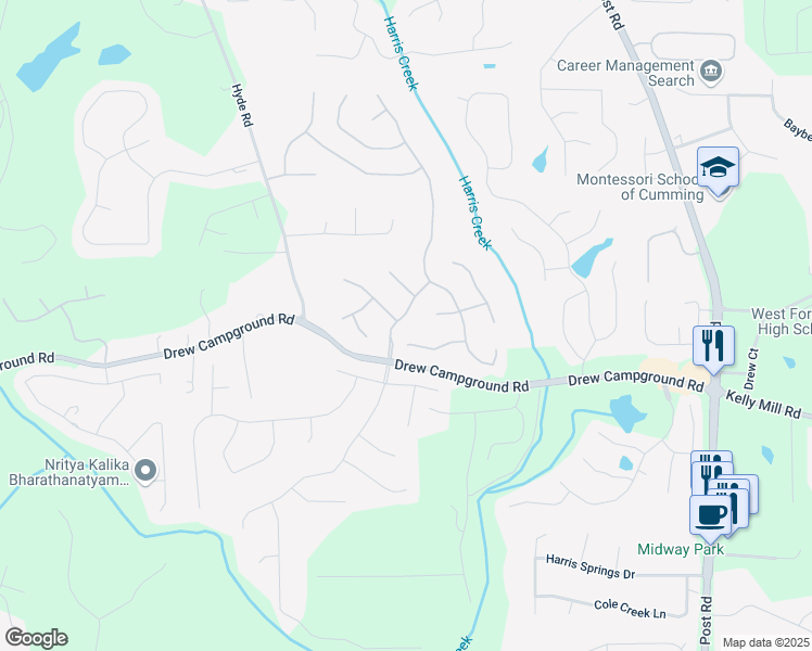 map of restaurants, bars, coffee shops, grocery stores, and more near 3805 Calomel Drive in Cumming