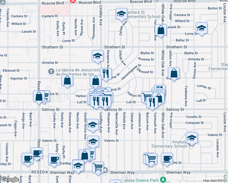 map of restaurants, bars, coffee shops, grocery stores, and more near 18006 Keswick Street in Los Angeles