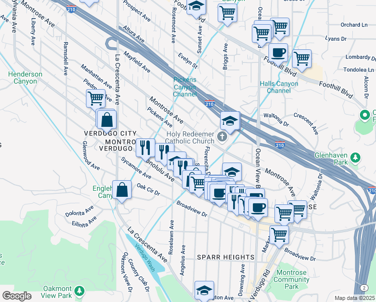 map of restaurants, bars, coffee shops, grocery stores, and more near 2527 Piedmont Avenue in La Crescenta-Montrose