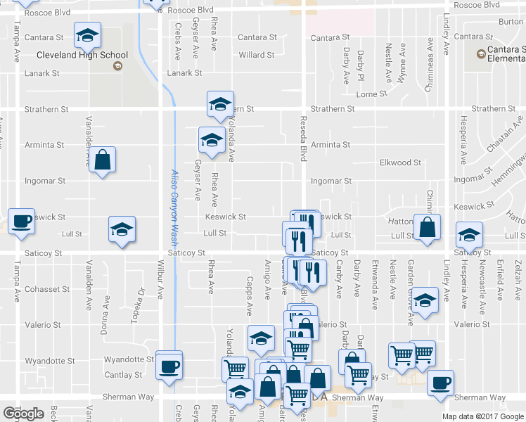 map of restaurants, bars, coffee shops, grocery stores, and more near 18601 Keswick Street in Los Angeles