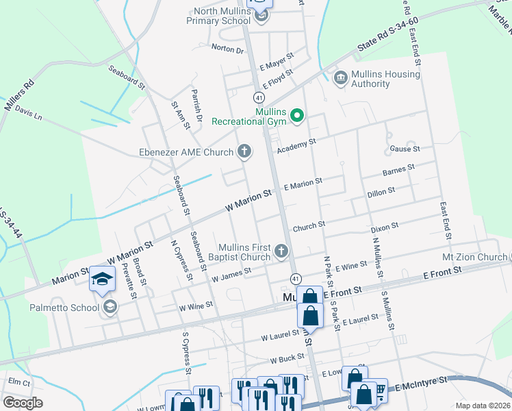 map of restaurants, bars, coffee shops, grocery stores, and more near 434 North Smith Street in Mullins