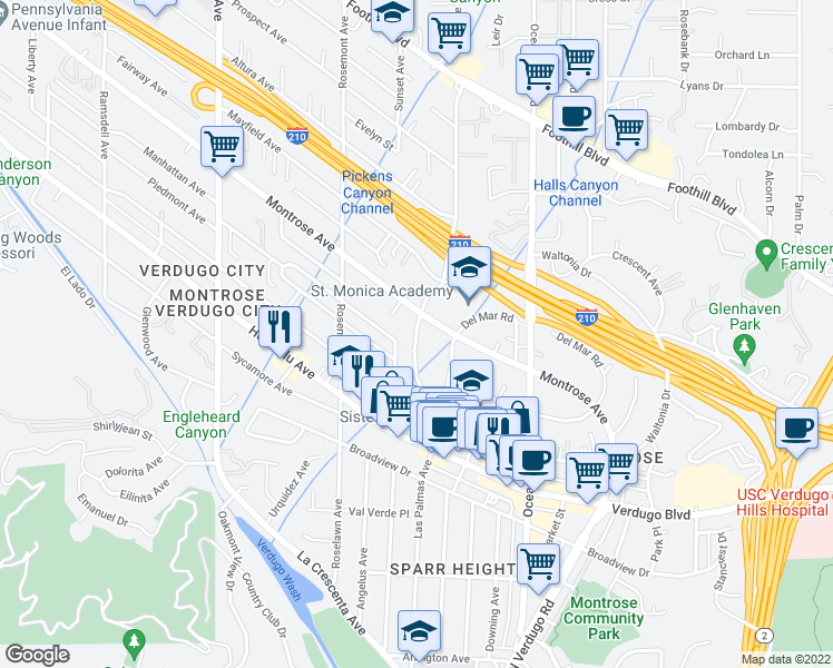 map of restaurants, bars, coffee shops, grocery stores, and more near 2474 Florencita Drive West in La Crescenta-Montrose