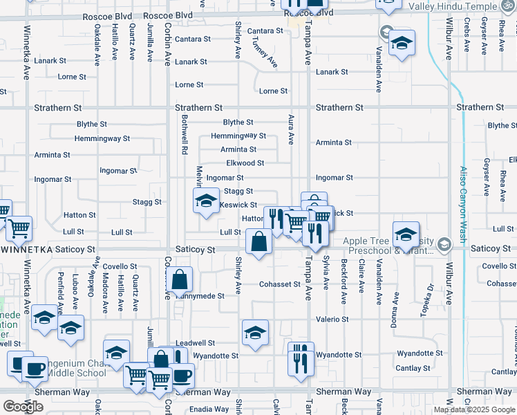 map of restaurants, bars, coffee shops, grocery stores, and more near 19432 Keswick Street in Los Angeles