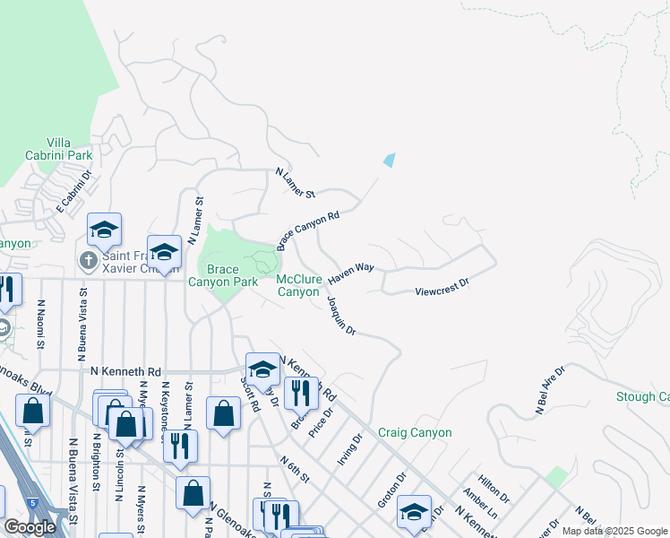 map of restaurants, bars, coffee shops, grocery stores, and more near 2907 Rolling Ridge Drive in Burbank