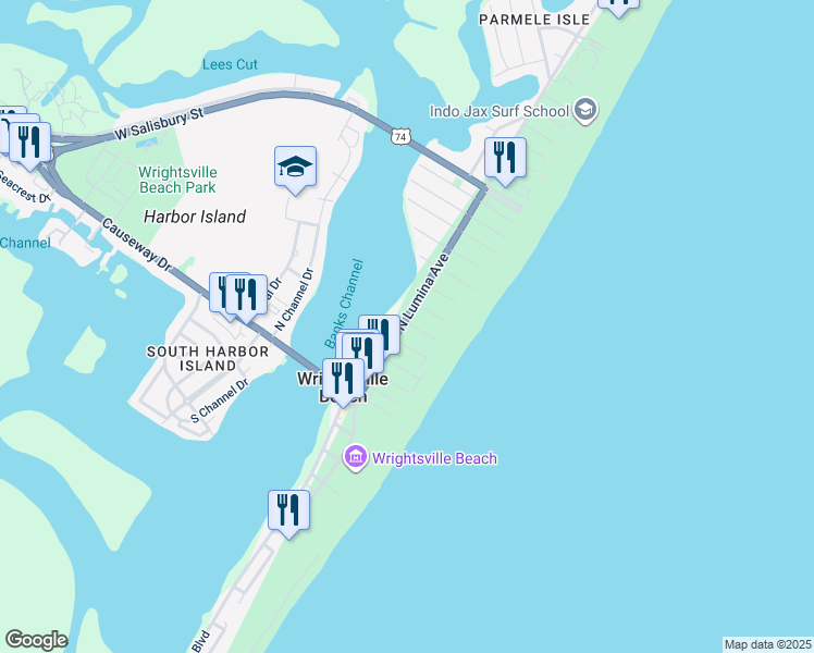 map of restaurants, bars, coffee shops, grocery stores, and more near 216 North Lumina Avenue in Wrightsville Beach