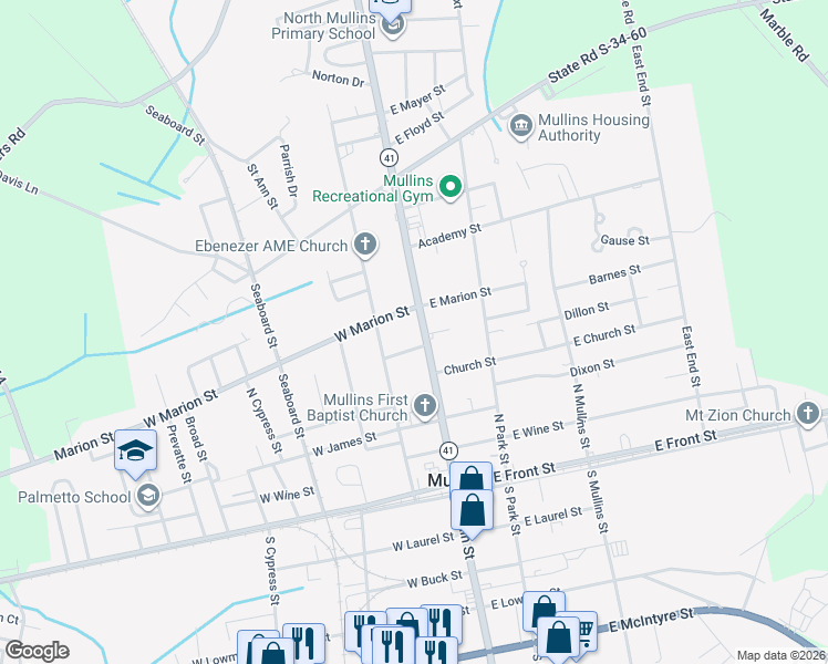 map of restaurants, bars, coffee shops, grocery stores, and more near 424 North Main Street in Mullins