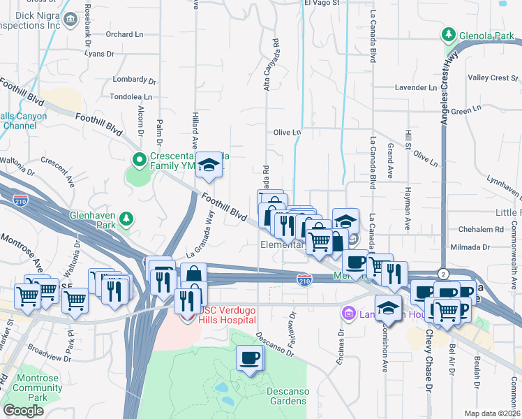 map of restaurants, bars, coffee shops, grocery stores, and more near 4514 Cypress Drive in La Cañada Flintridge