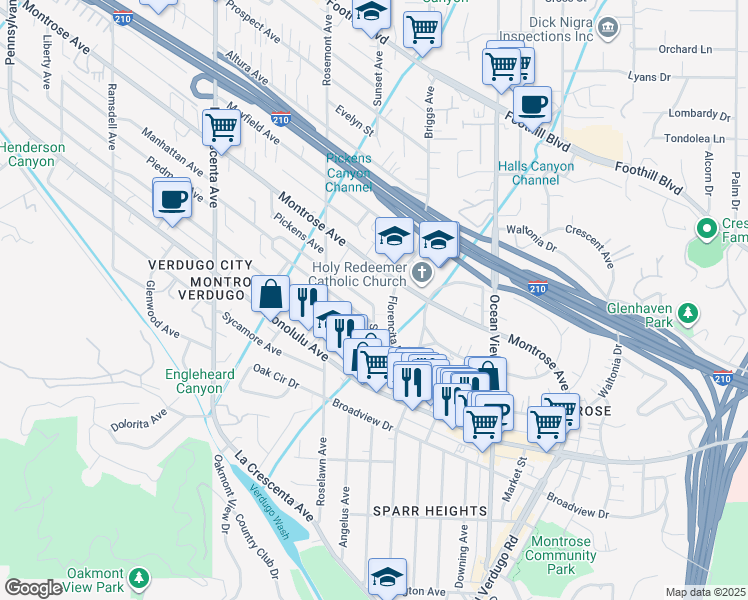 map of restaurants, bars, coffee shops, grocery stores, and more near 2503 Manhattan Avenue in La Crescenta-Montrose