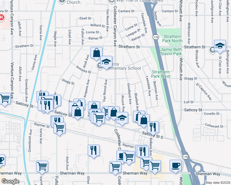 map of restaurants, bars, coffee shops, grocery stores, and more near 7711 Coldwater Canyon Avenue in Los Angeles