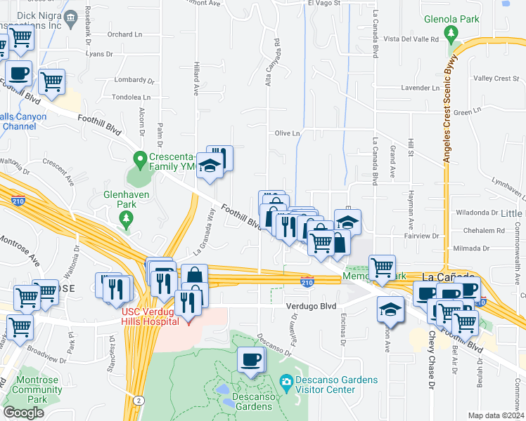 map of restaurants, bars, coffee shops, grocery stores, and more near 4525 Alta Canyada Road in La Cañada Flintridge