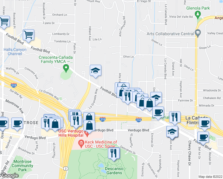 map of restaurants, bars, coffee shops, grocery stores, and more near 4515 Cypress Drive in La Cañada Flintridge