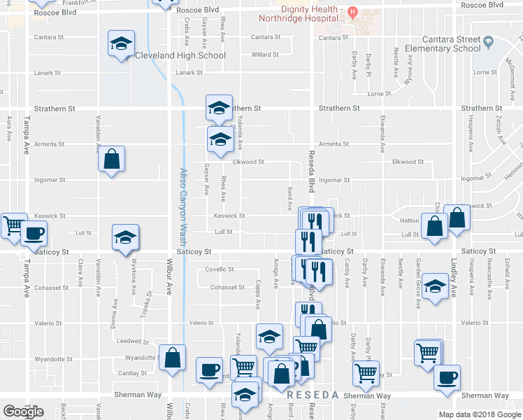 map of restaurants, bars, coffee shops, grocery stores, and more near 18627 Keswick Street in Los Angeles