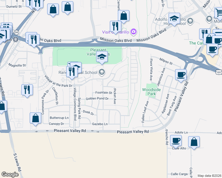 map of restaurants, bars, coffee shops, grocery stores, and more near 3766 East in Camarillo