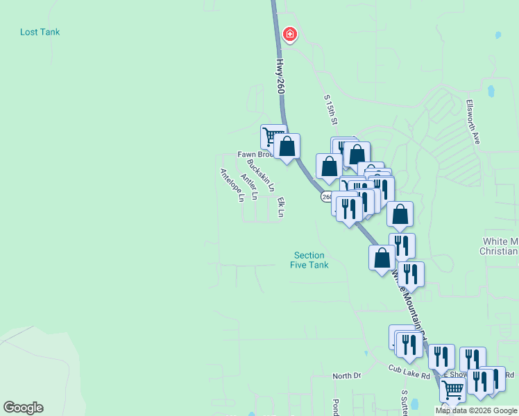 map of restaurants, bars, coffee shops, grocery stores, and more near 4297 Doe Lane in Show Low