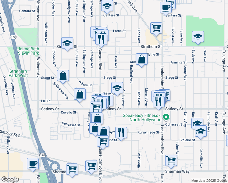 map of restaurants, bars, coffee shops, grocery stores, and more near 7705 Ben Avenue in Los Angeles