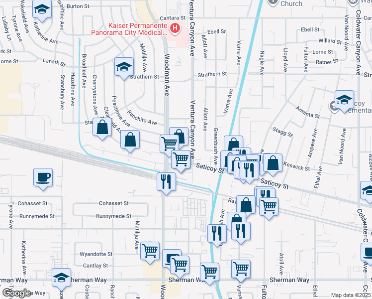 map of restaurants, bars, coffee shops, grocery stores, and more near 7717 Ventura Canyon Avenue in Los Angeles