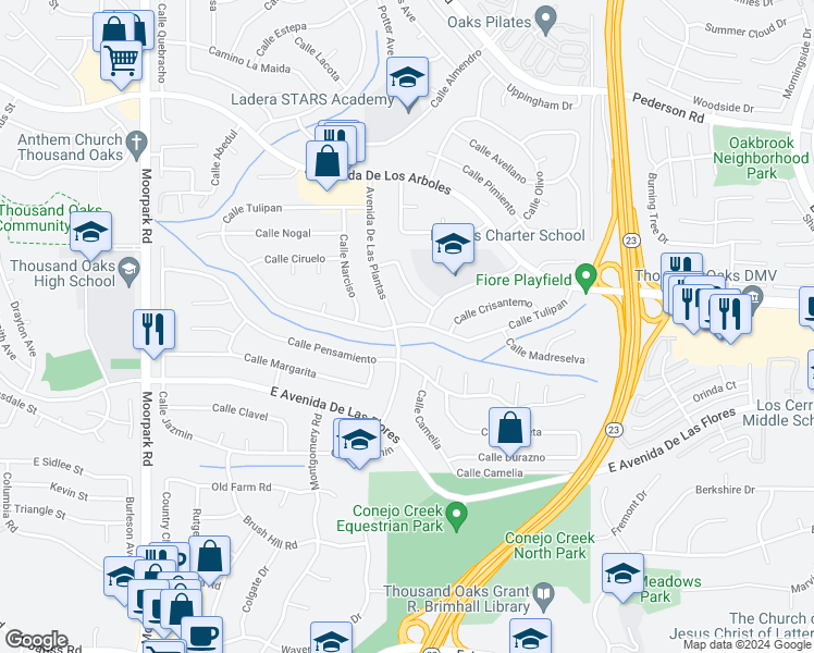 map of restaurants, bars, coffee shops, grocery stores, and more near 1224 Calle Tulipan in Thousand Oaks