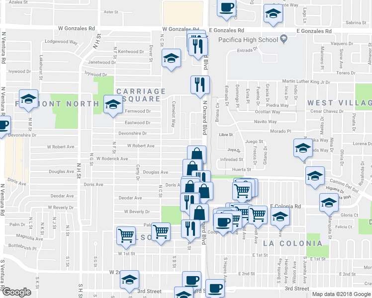map of restaurants, bars, coffee shops, grocery stores, and more near 248 West Robert Avenue in Oxnard
