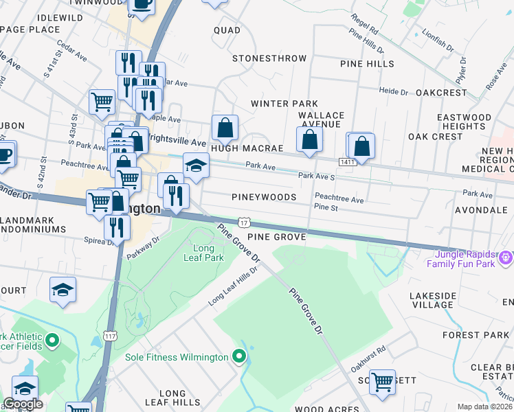 map of restaurants, bars, coffee shops, grocery stores, and more near 4924 Pine Street in Wilmington