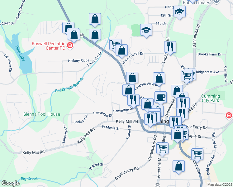 map of restaurants, bars, coffee shops, grocery stores, and more near 125 Samaritan Drive in Cumming
