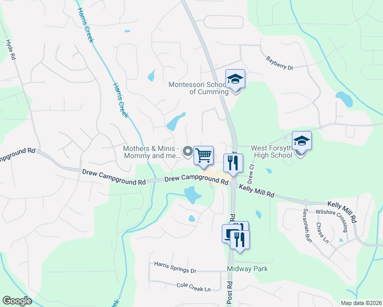 map of restaurants, bars, coffee shops, grocery stores, and more near 3660 Fedorite Walk in Cumming