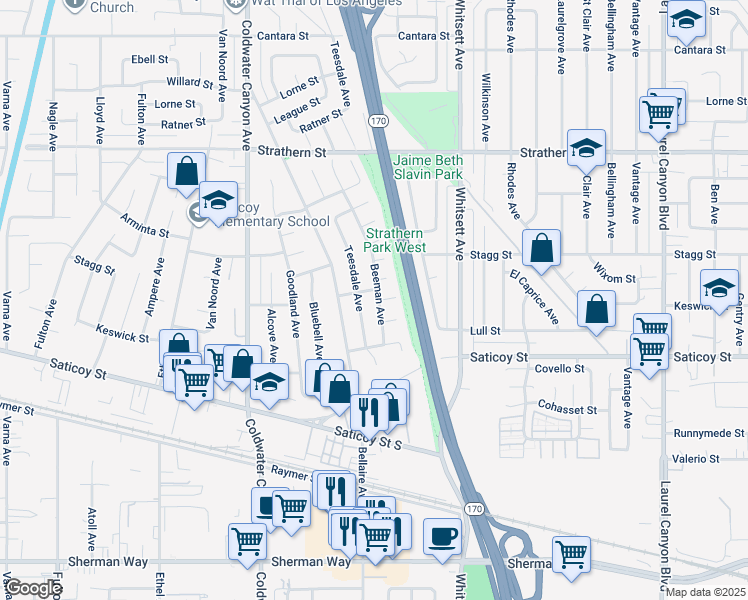map of restaurants, bars, coffee shops, grocery stores, and more near 7701 Beeman Avenue in North Hollywood