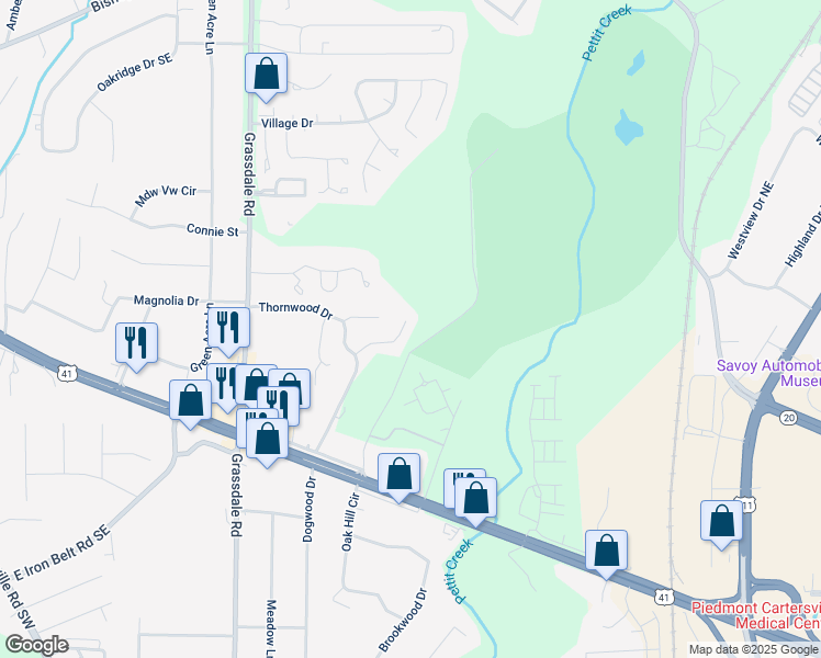 map of restaurants, bars, coffee shops, grocery stores, and more near 21 Southview Drive in Cartersville