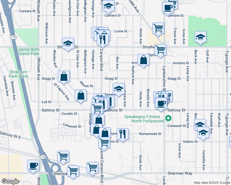 map of restaurants, bars, coffee shops, grocery stores, and more near 7705 Ben Avenue in Los Angeles