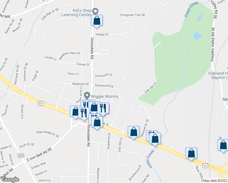 map of restaurants, bars, coffee shops, grocery stores, and more near 4 Huntcliff Drive in Cartersville