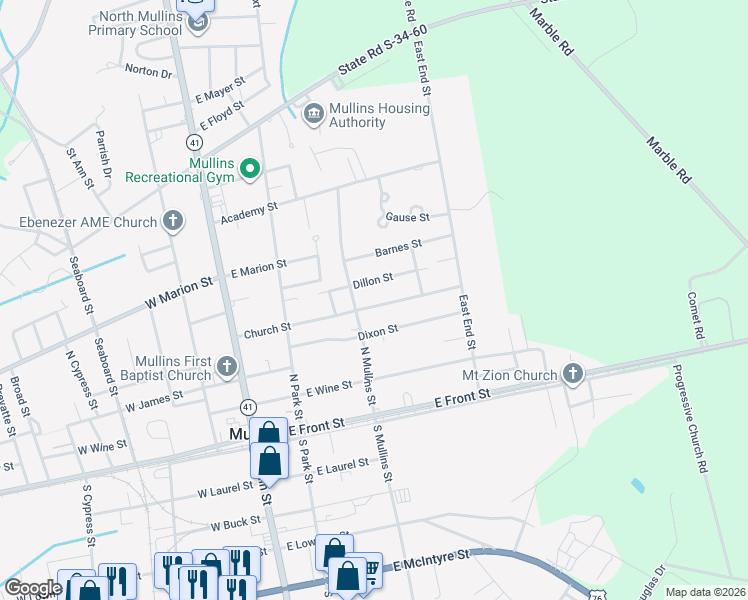 map of restaurants, bars, coffee shops, grocery stores, and more near 309 East Church Street in Mullins