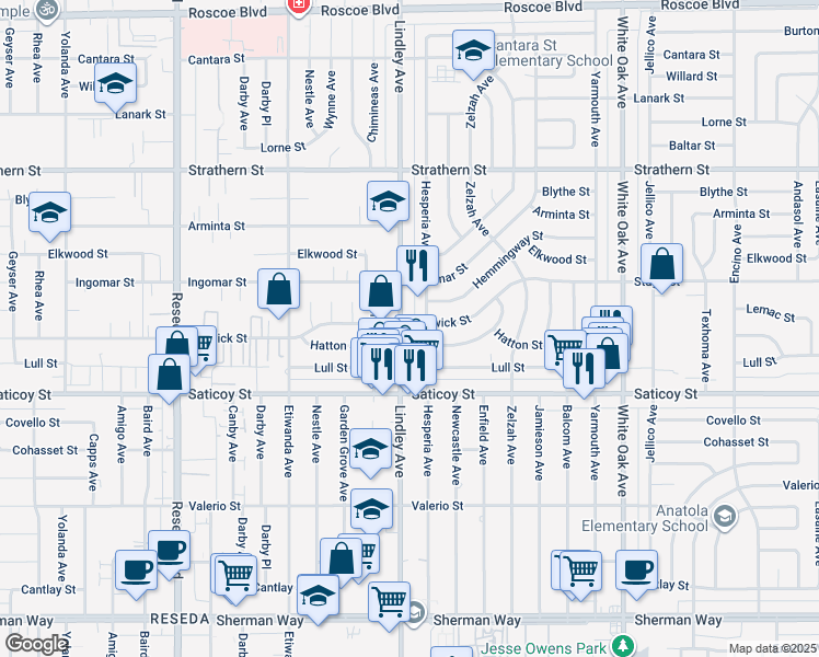 map of restaurants, bars, coffee shops, grocery stores, and more near 7708 Lindley Ave in Los Angeles