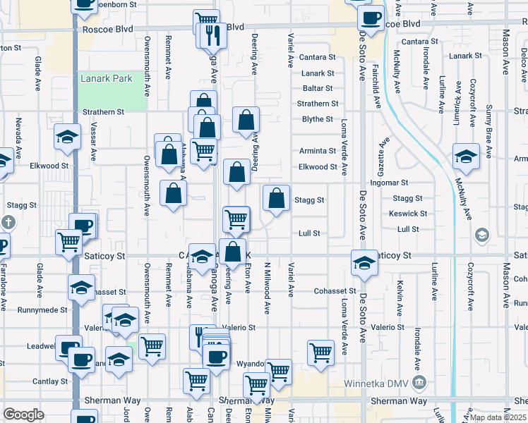 map of restaurants, bars, coffee shops, grocery stores, and more near 7720 Milwood Avenue in Los Angeles
